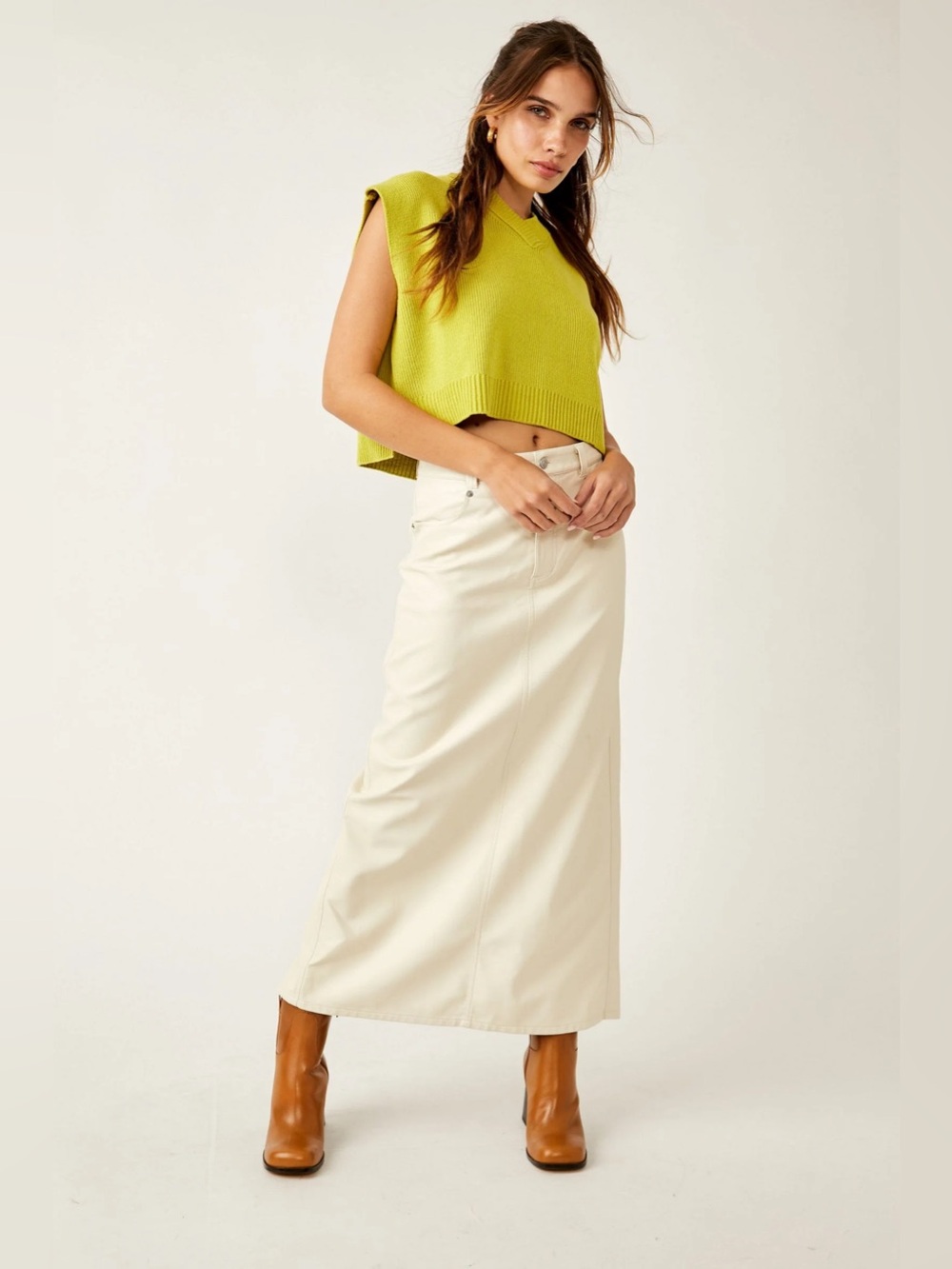 Free People City Slicker Vegan Maxi Skirt Beige
